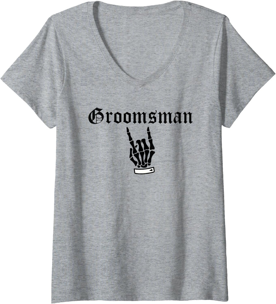 Women's Groomsman Skull Roses Gothic Goth Bride Wedding V-Neck T-Shirt - Heather Grey