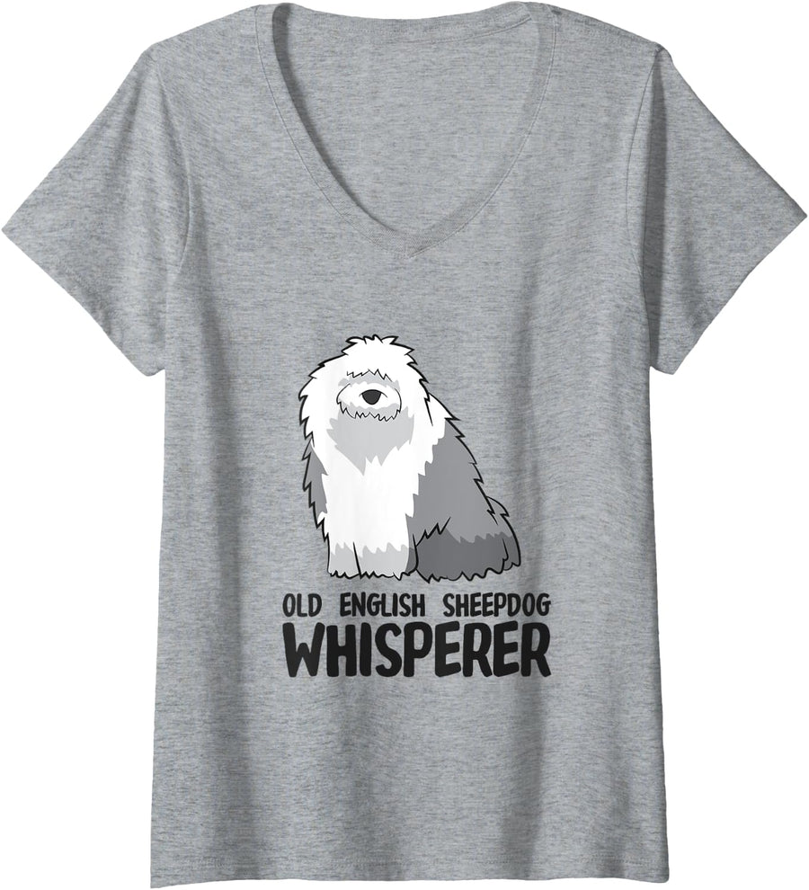 Womens Old English Sheepdog Whisperer Cute Sheepdog V-Neck T-Shirt - Heather Grey