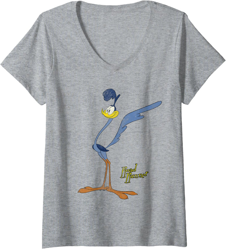 Women's Looney Tunes Road Runner Retro Large Pose V-Neck T-Shirt - Heather Grey