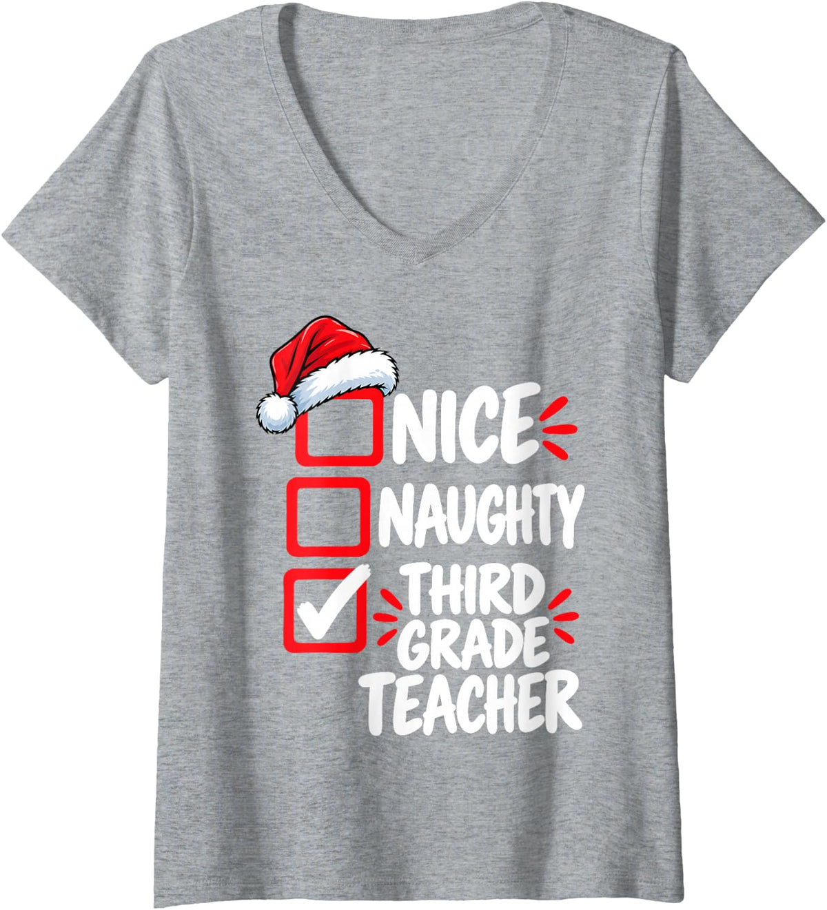 Women's Nice Naughty Third Grade Teacher Christmas V-Neck T-Shirt - Heather Grey