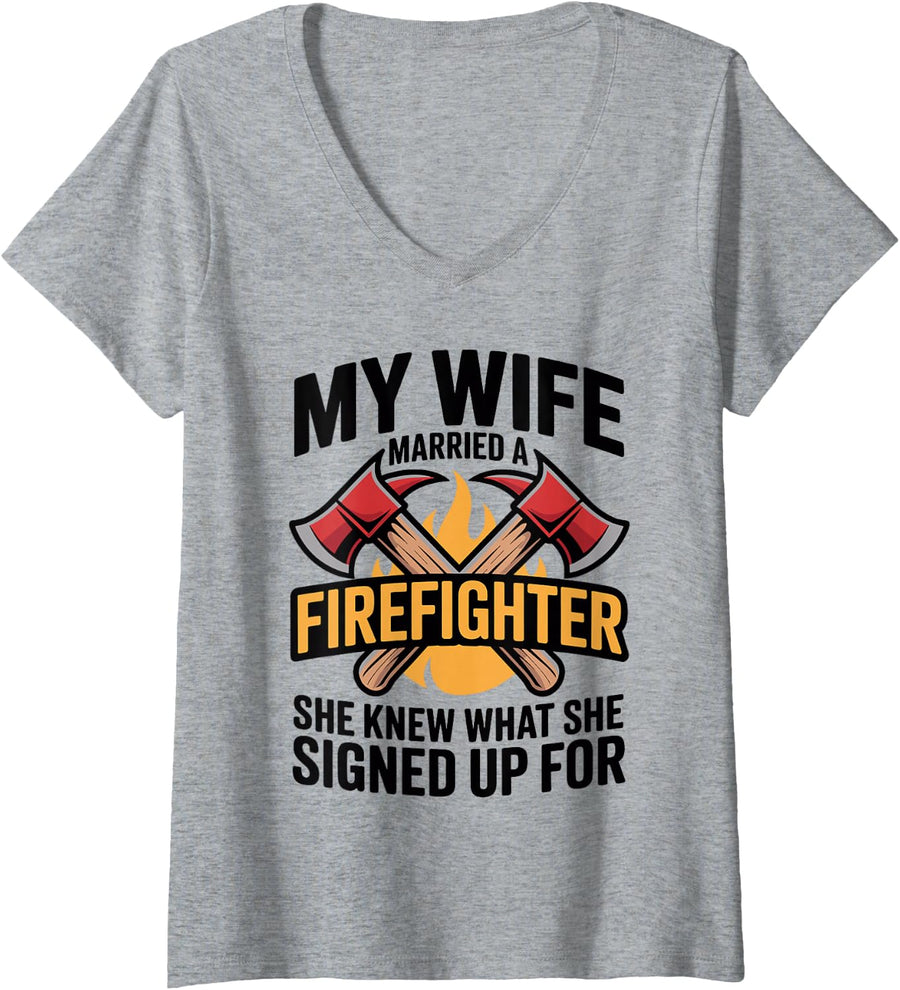 Women's My Wife Married A Firefighter V-Neck T-Shirt - Heather Grey