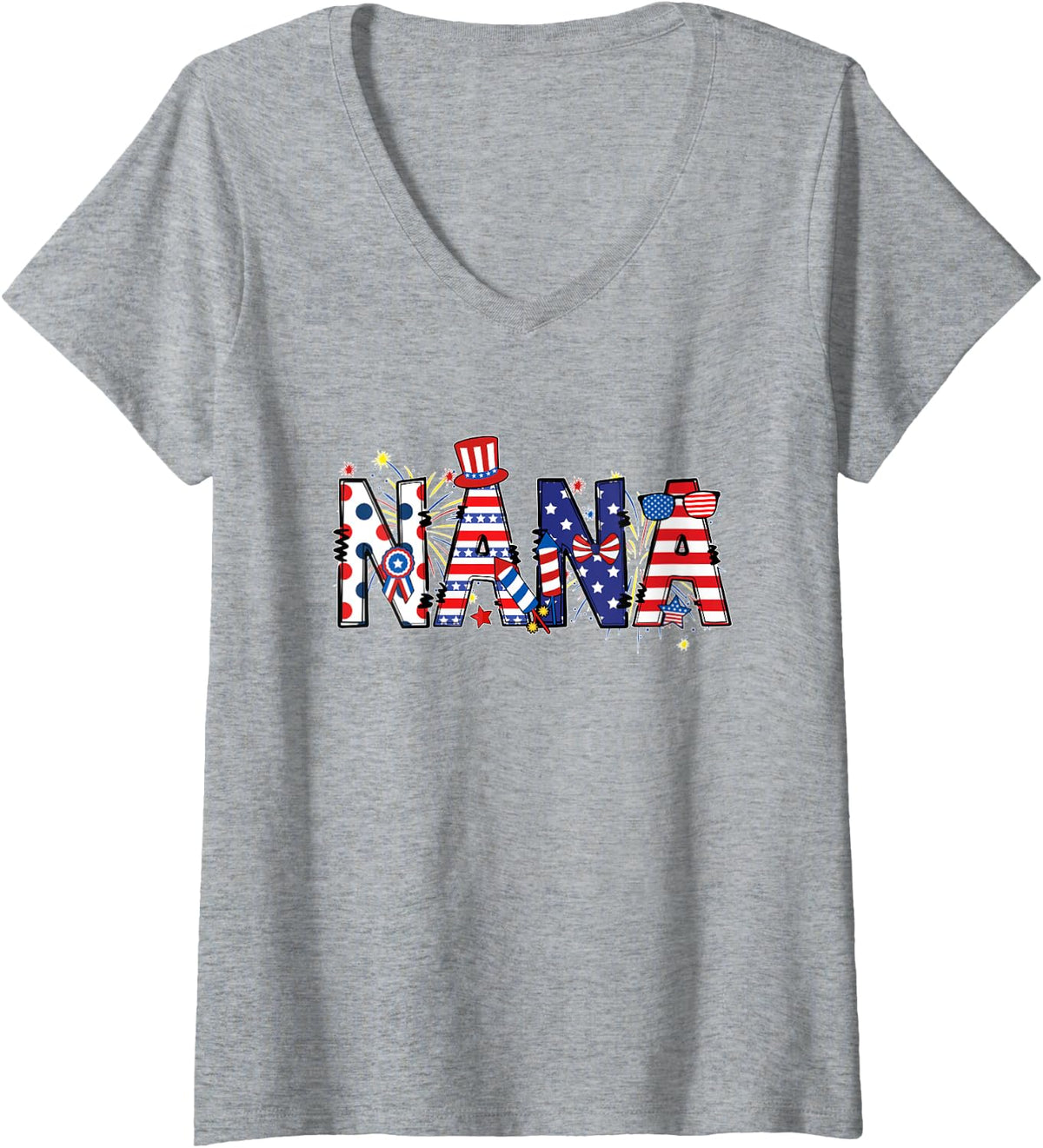Women's Nana Funny 4th of July USA Flag American Patriotic Womens V-Neck T-Shirt - Heather Grey