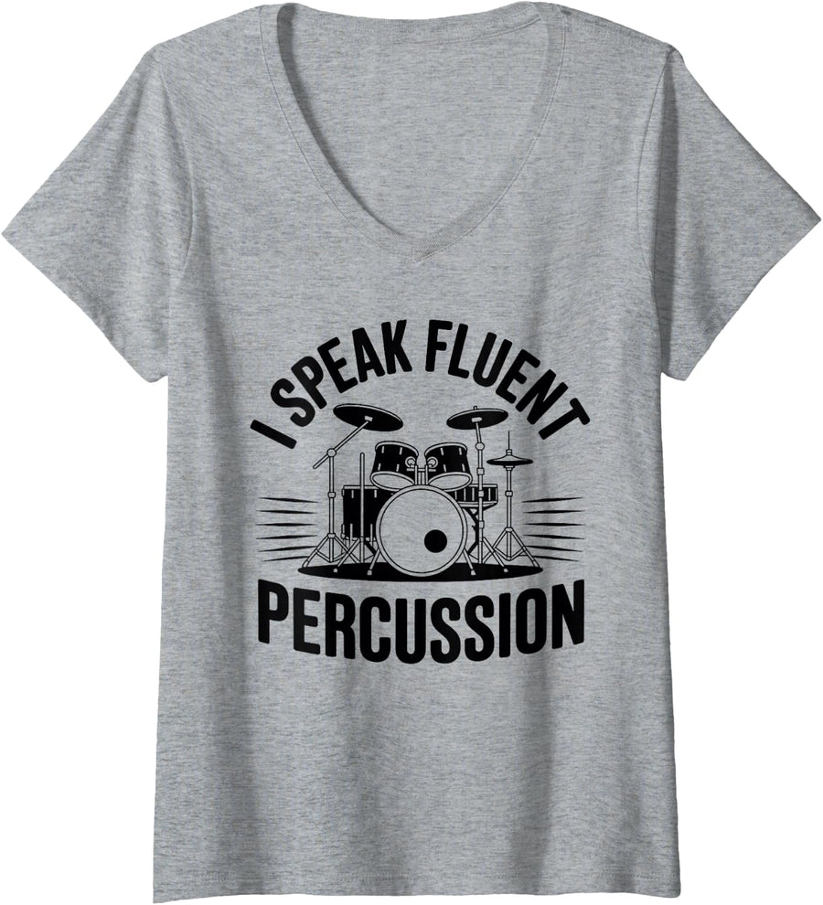Women's I Speak Fluent Percussion Funny Drummer V-Neck T-Shirt - Heather Grey