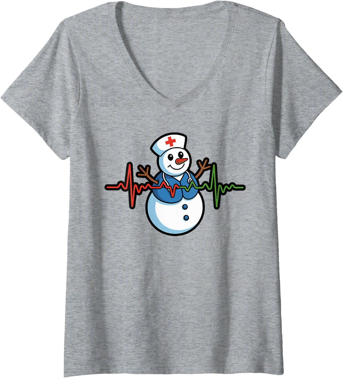 Women's Nurse Heartbeat Snowman Christmas CNA Scrub Life V-Neck T-Shirt - Heather Grey