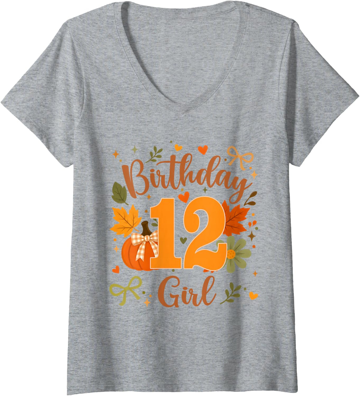 Women's Cute 12th Birthday Girl 12 Year Old Pumpkin Bow Autumn Party V-Neck T-Shirt - Heather Grey