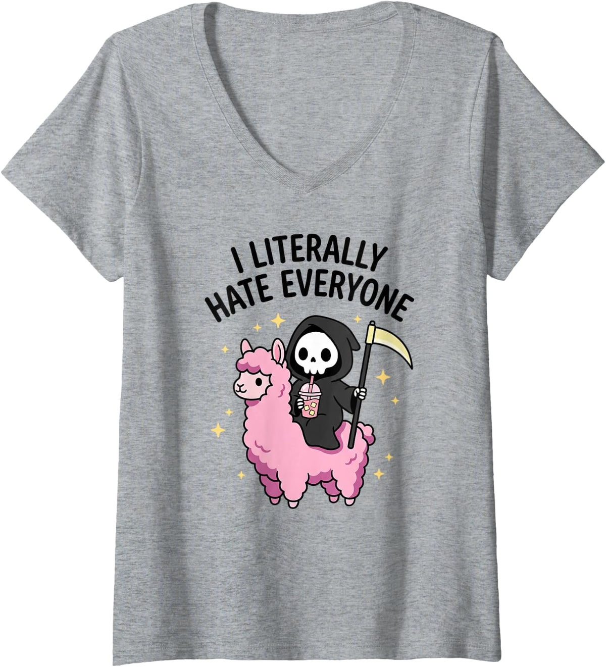 Women's I Literally Hate Everyone Grim Reaper Riding Pink Llama V-Neck T-Shirt - Heather Grey