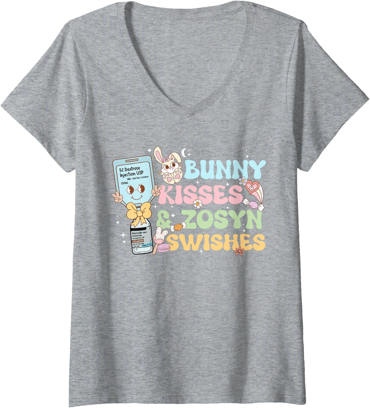 Women's Bunny Kiss Zosyn Swishes Nurse RN LPN CNA Healthcare Easter V-Neck T-Shirt - Heather Grey