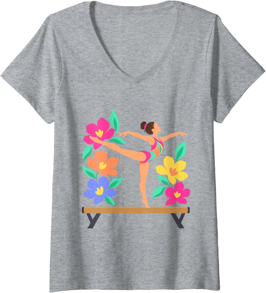Women's Gymnastics Balance Beam Floral Gymnast Girl Training V-Neck T-Shirt - Heather Grey