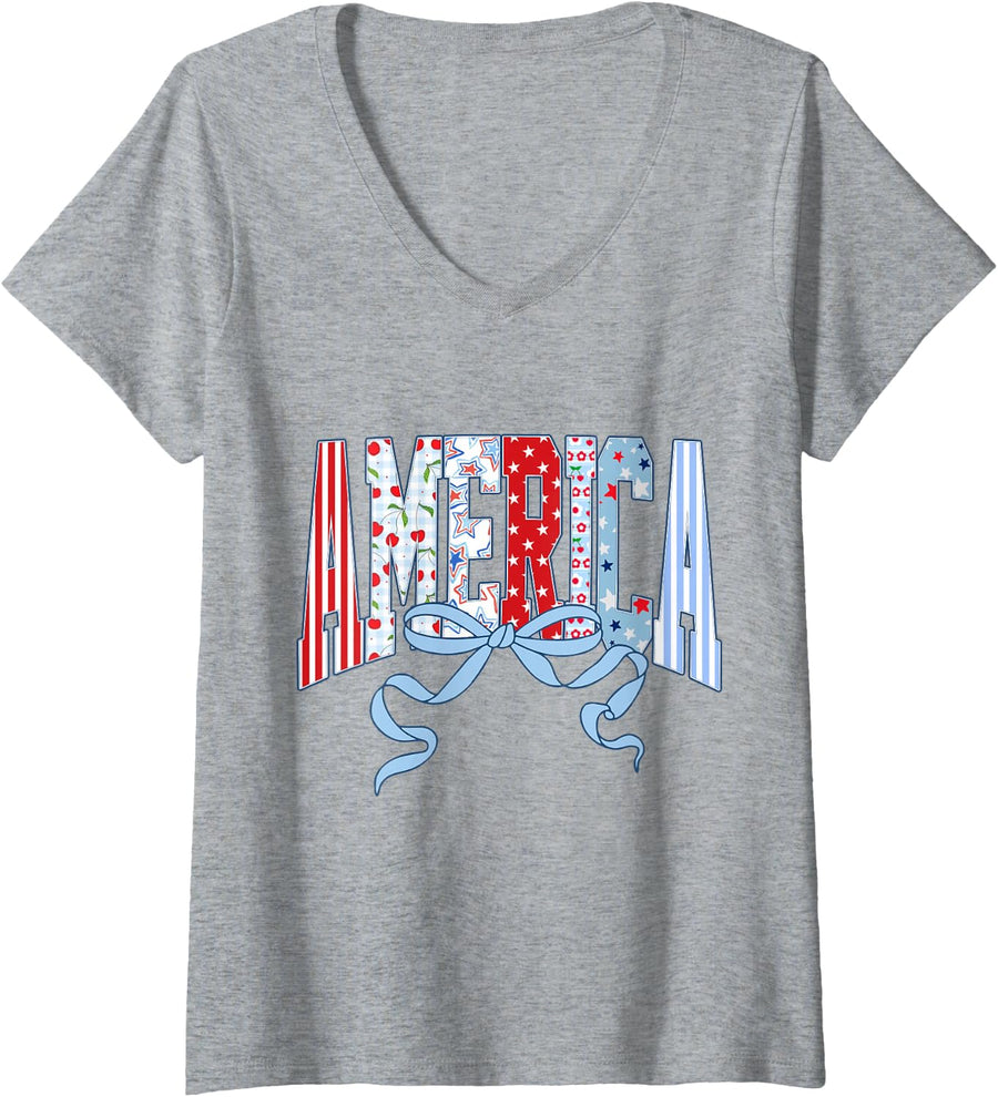 Women's America USA United States 4th of July 1776 Anniversary V-Neck T-Shirt - Heather Grey
