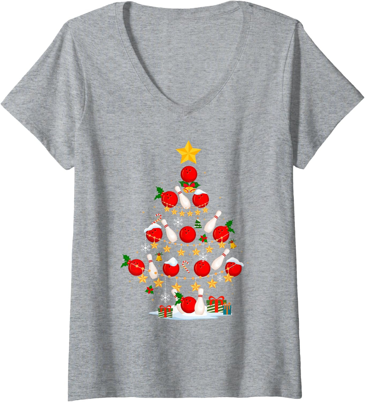 Women's Bowling Christmas Tree Ugly Christmas Sweater Kids Adults V-Neck T-Shirt - Heather Grey