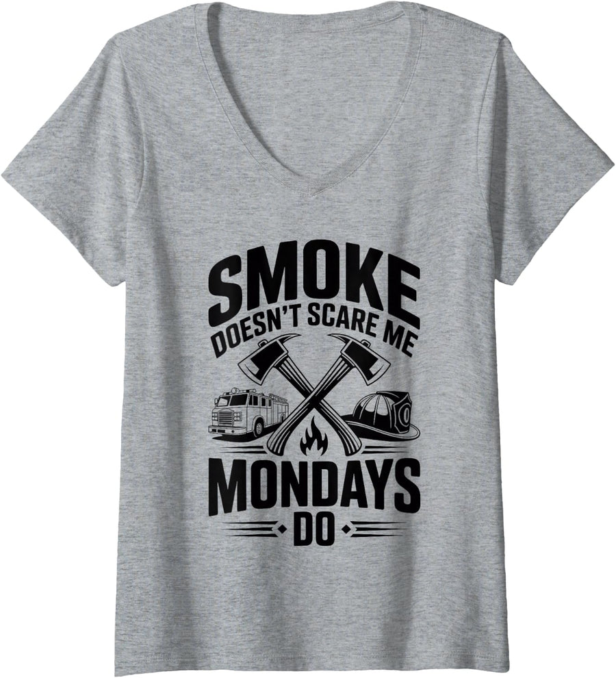 Women's Smoke Doesn't Scare Me Mondays Do Funny Firefighter V-Neck T-Shirt - Heather Grey