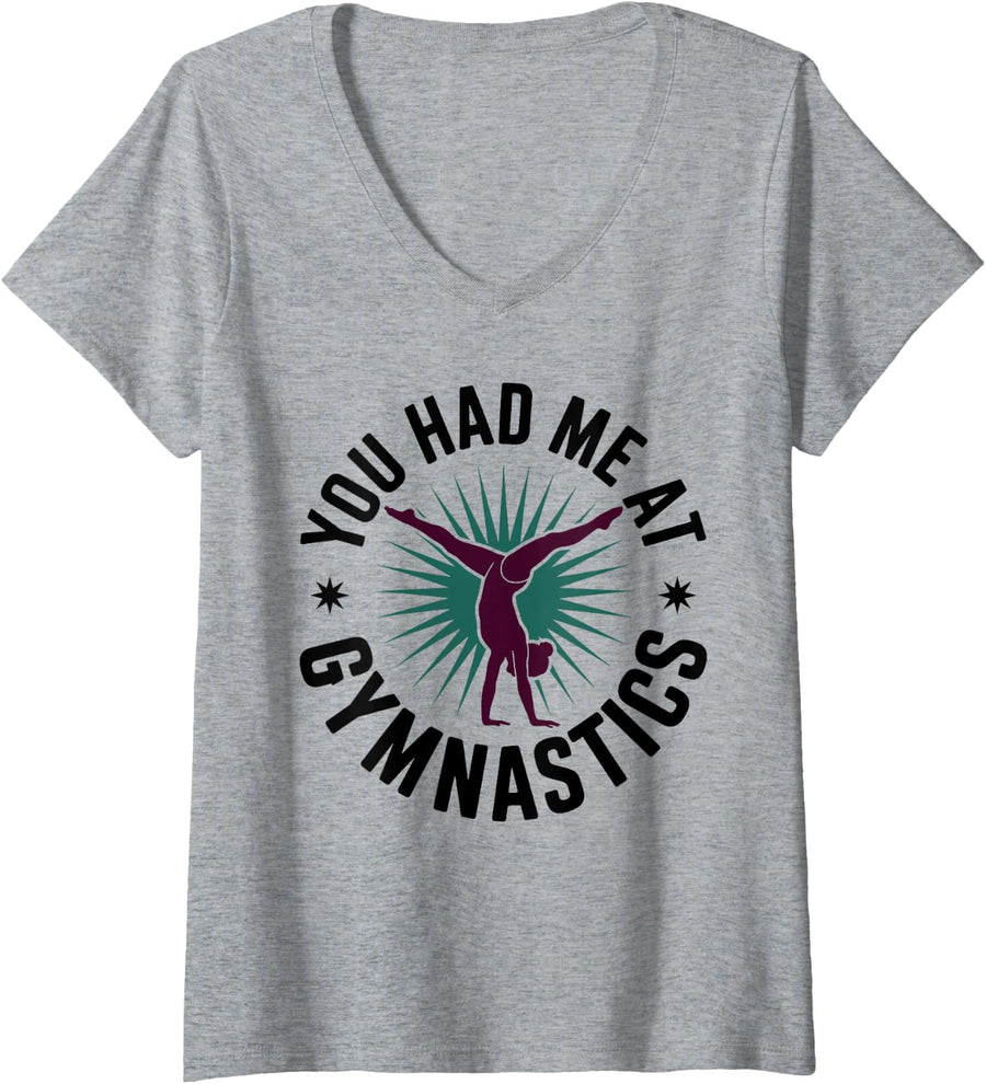 Women's You Had Me At Gymnastics V-Neck T-Shirt - Heather Grey