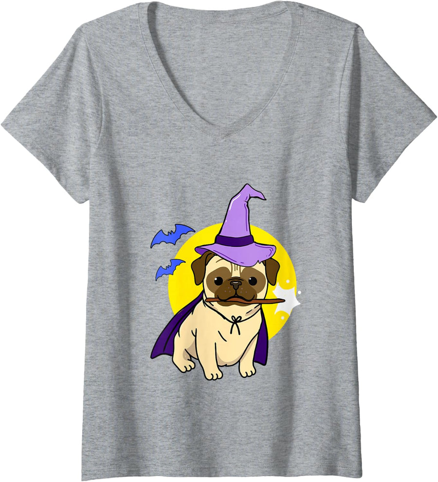 Women's Pug Witch Pug Halloween V-Neck T-Shirt - Heather Grey