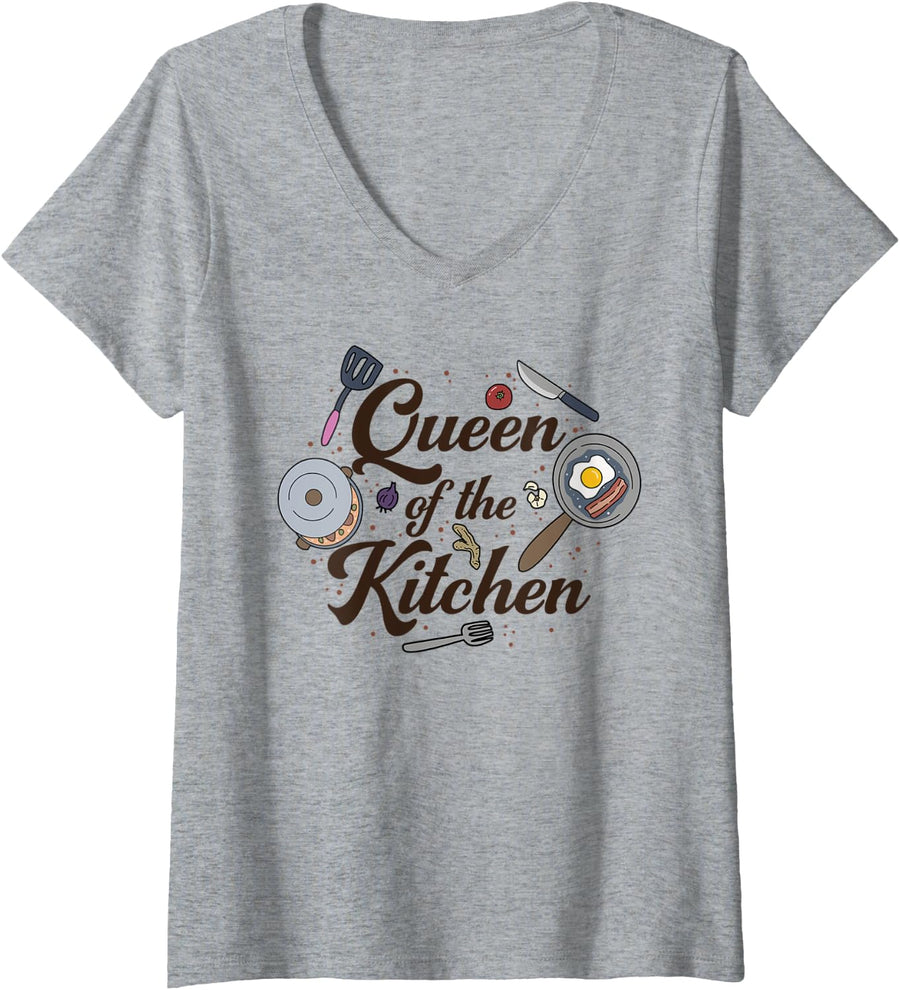 Womens Queen Of The Kitchen, Cooking, Women, Funny, Chef, Culinary V-Neck T-Shirt - Heather Grey