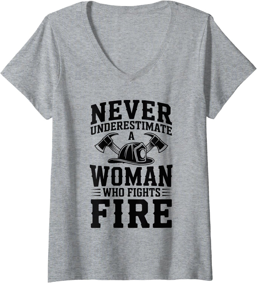 Women's Never Underestimate A Woman Who Fights Fire Firefighter V-Neck T-Shirt - Heather Grey