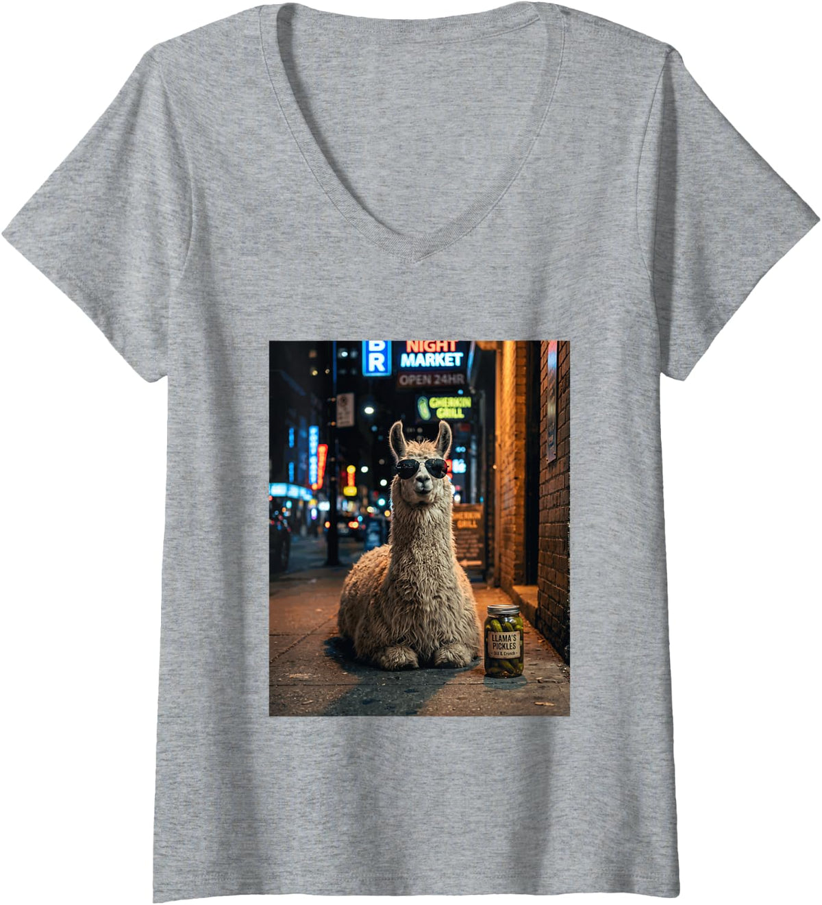 Women's Funny Llama Eating Pickles Meme Men Women V-Neck T-Shirt - Heather Grey