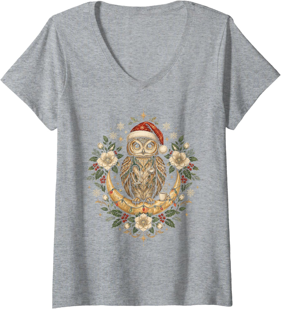 Women's Owl Nurse Night Shift Christmas Stethoscope RN V-Neck T-Shirt - Heather Grey