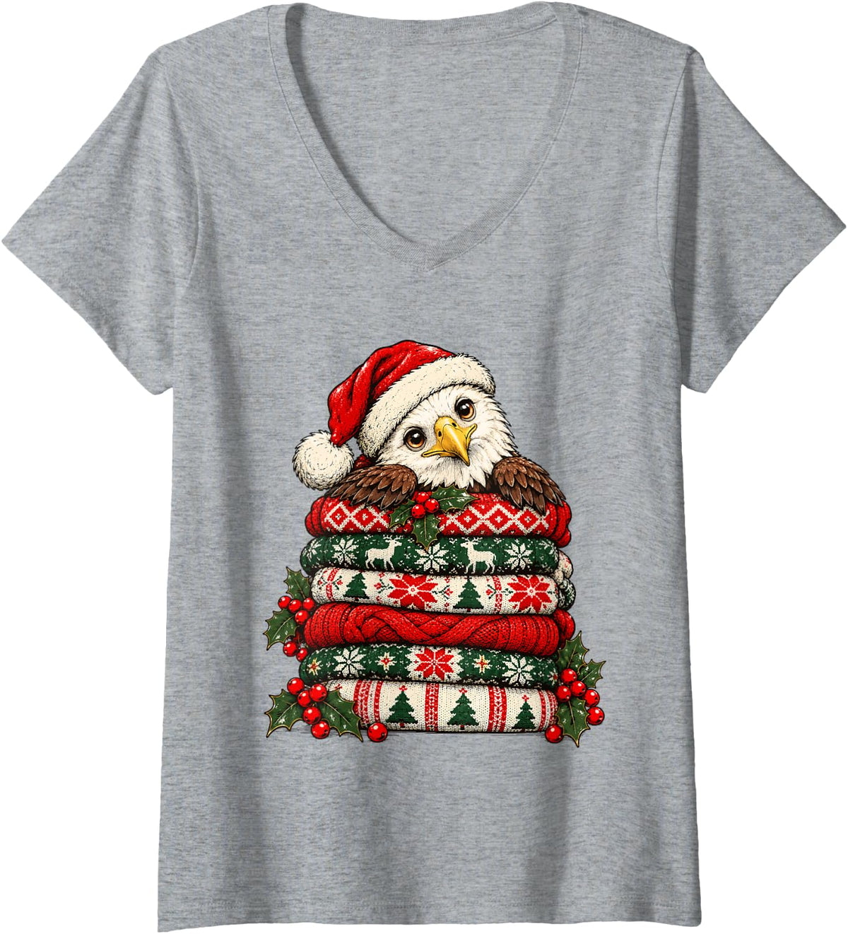 Women's Cozy Christmas Bald Eagle and Festive Sweaters Holly Berries V-Neck T-Shirt - Heather Grey