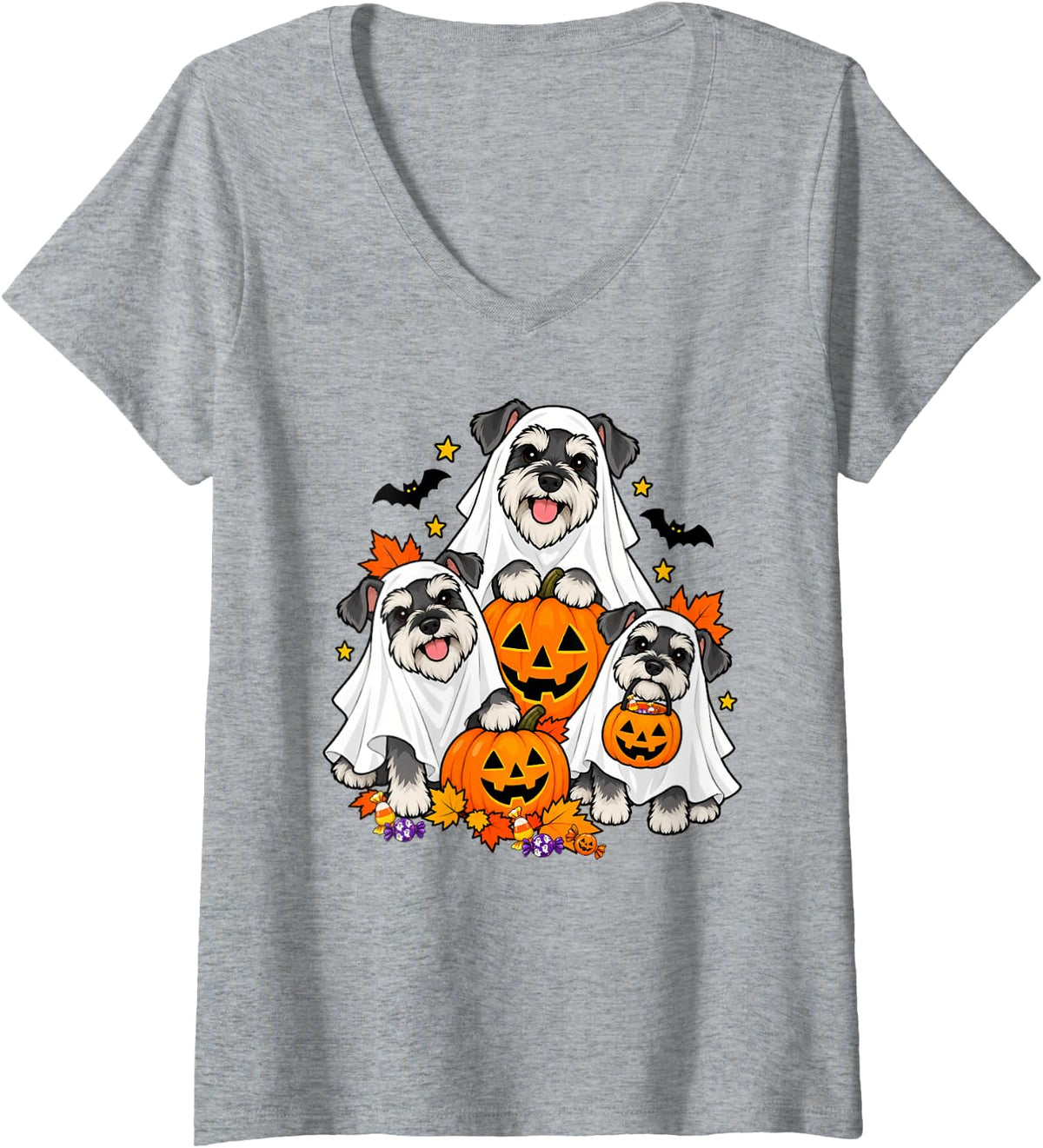 Women's Cute Ghost Miniature Schnauzer Dogs and Pumpkins Halloween V-Neck T-Shirt - Heather Grey