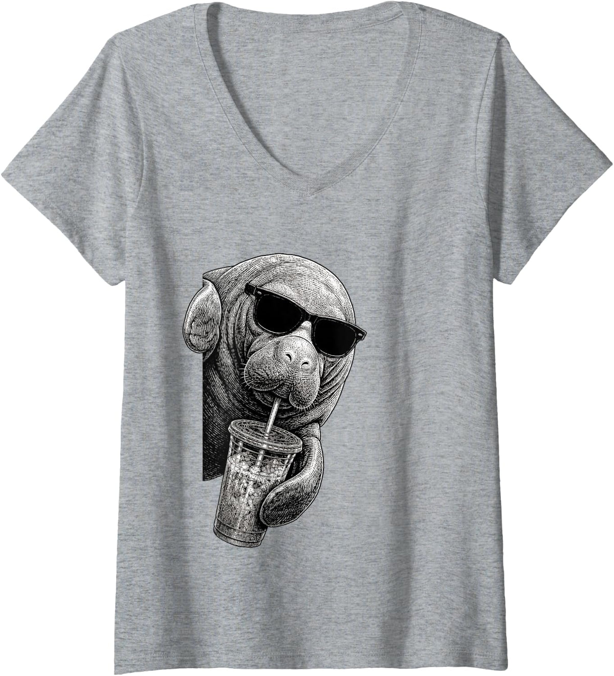 Women's Funny Manatee Peeking Drinking Iced Coffee Humor V-Neck T-Shirt - Heather Grey