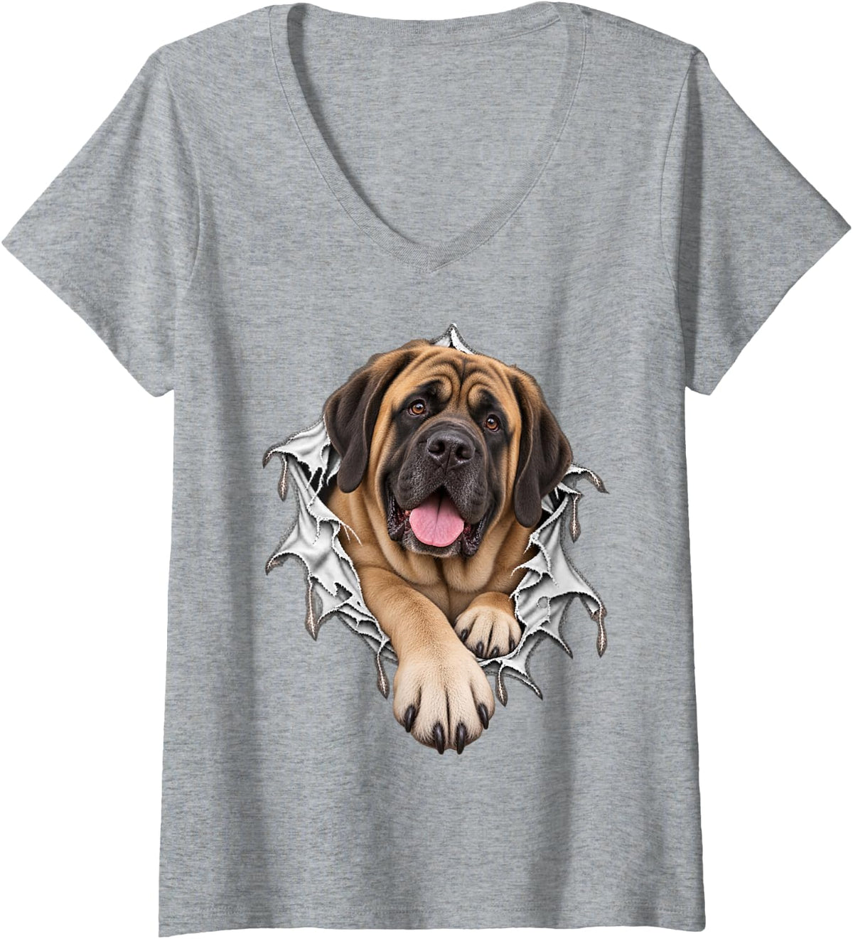 Women's Cute Mastiff Dog Stepping Out from Ripped Design V-Neck T-Shirt - Heather Grey