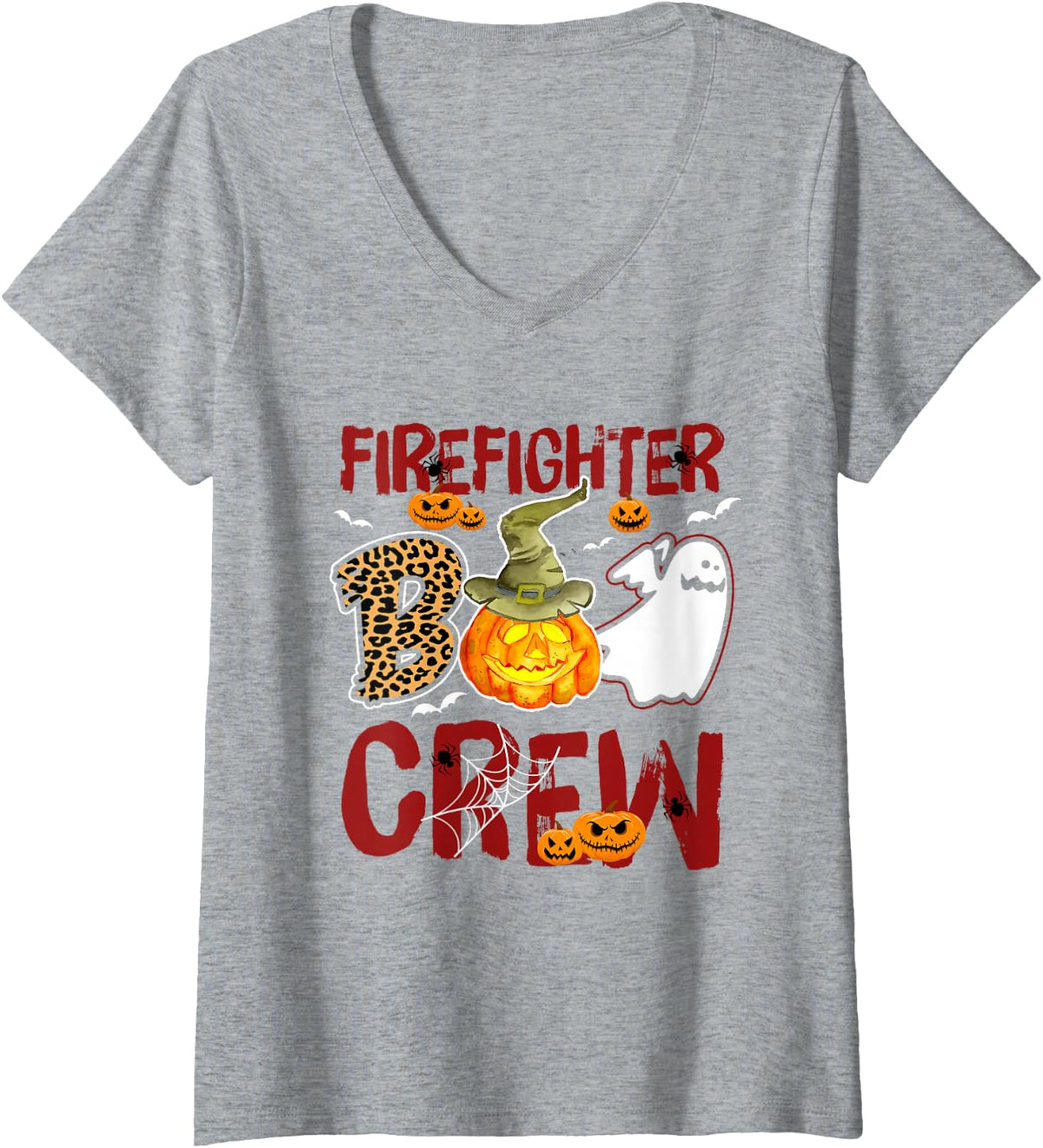 Women's Firefighter Boo Crew Halloween Fireman Match V-Neck T-Shirt - Heather Grey
