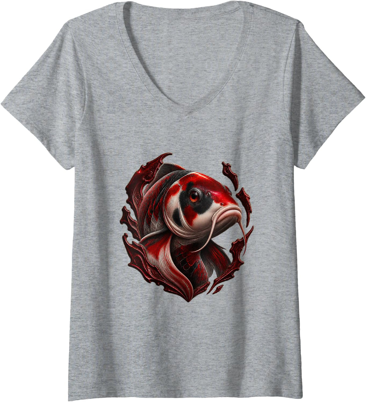 Women's Koi Fish with Dark Red Fragments V-Neck T-Shirt - Heather Grey