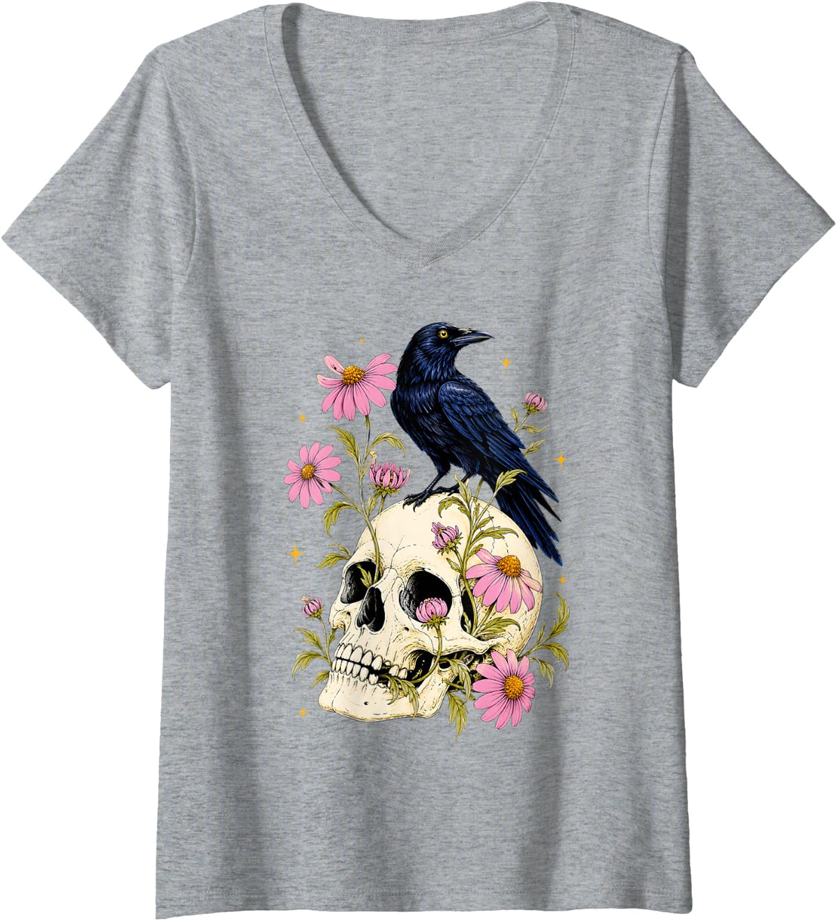 Women's Raven Standing On Skull Flowers Crow Halloween Men Women V-Neck T-Shirt - Heather Grey