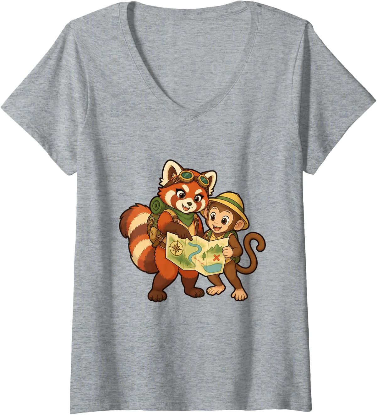 Women's Red Panda and Monkey Explore a Treasure Map V-Neck T-Shirt - Heather Grey