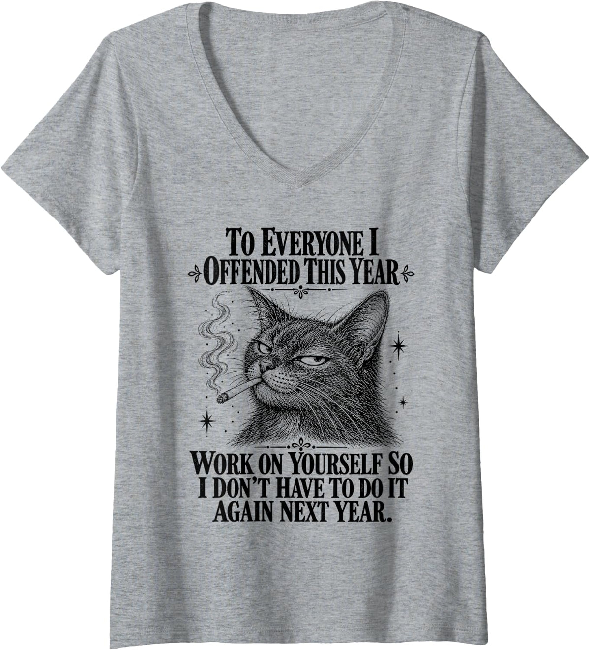 Women's to Everyone I Have Offended This Year Rude Sarcastic Cat V-Neck T-Shirt - Heather Grey