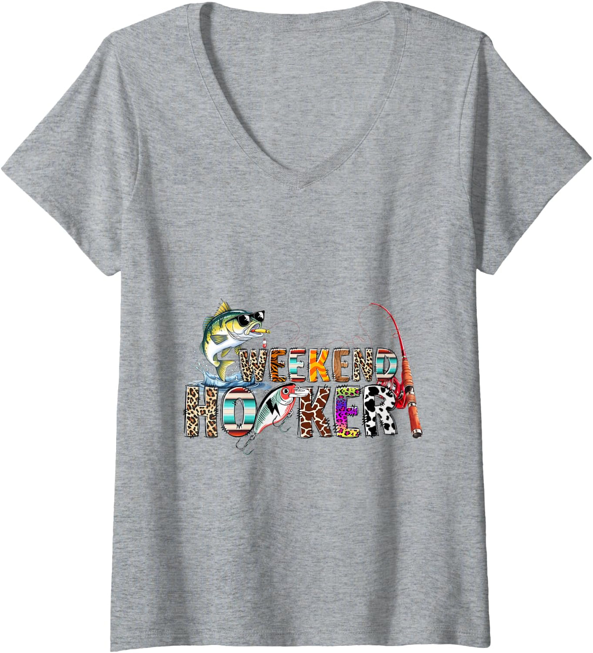 Women's Bass Fishing Angler Adventure Vintage Outdoor Weekend Hooker V-Neck T-Shirt - Heather Grey