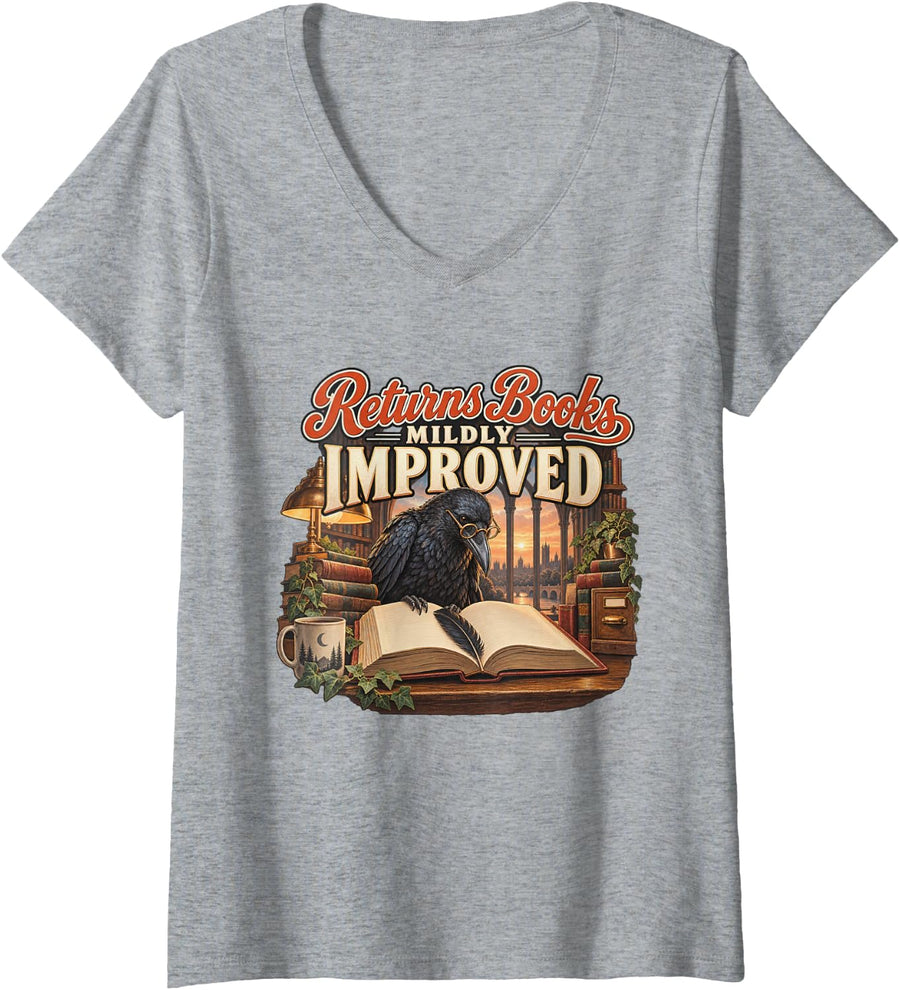 Women's Returns Books Mildly Improved Gothic Raven Graphic V-Neck T-Shirt - Heather Grey