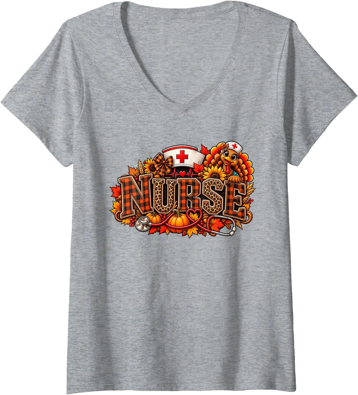 Women's Turkey Plaid Leopard Stethoscope RN Women Nurse Thanksgiving V-Neck T-Shirt - Heather Grey