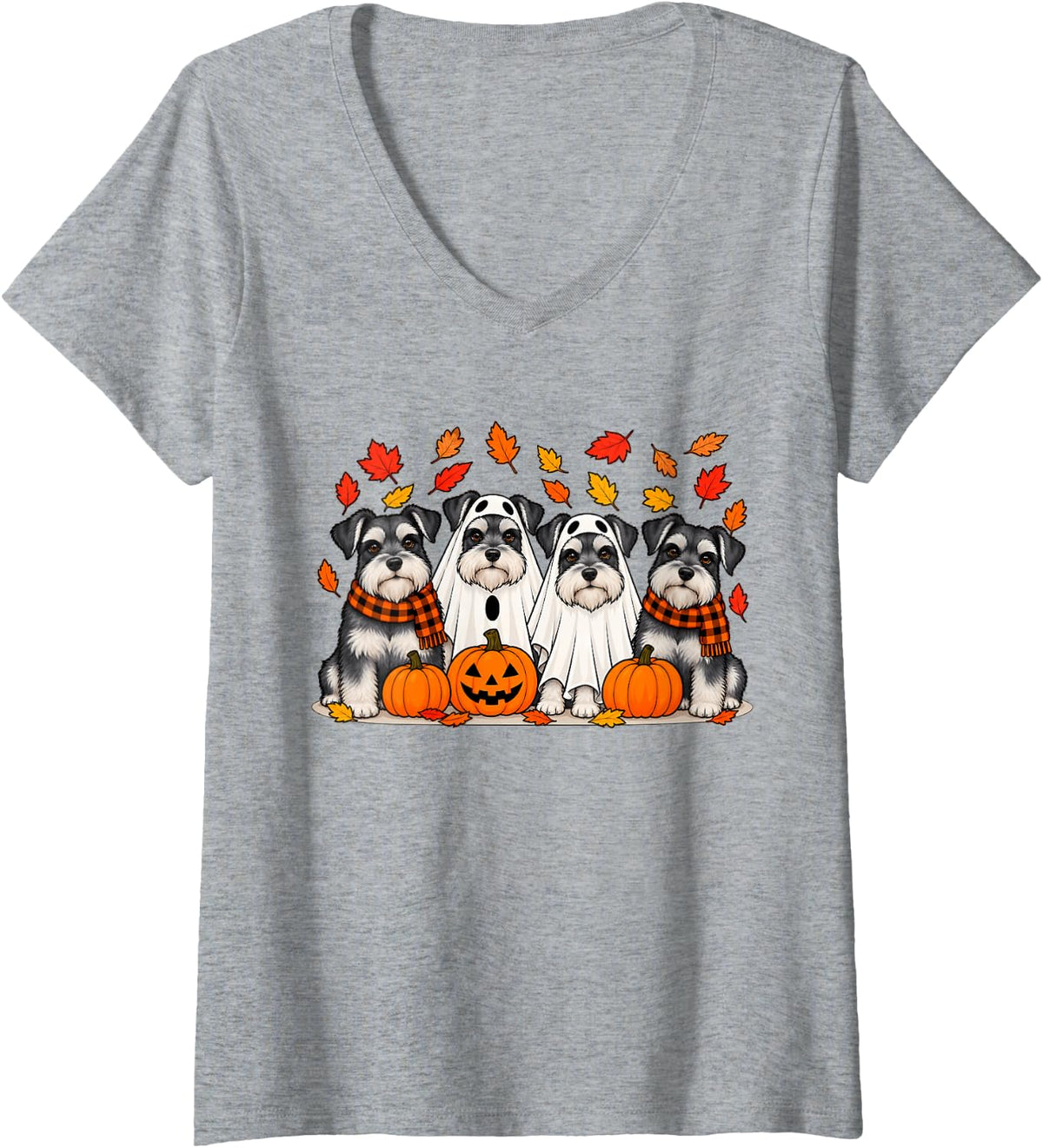 Women's Miniature Schnauzer Ghost Fall Autumn Thanksgiving Halloween V-Neck T-Shirt - Heather Grey