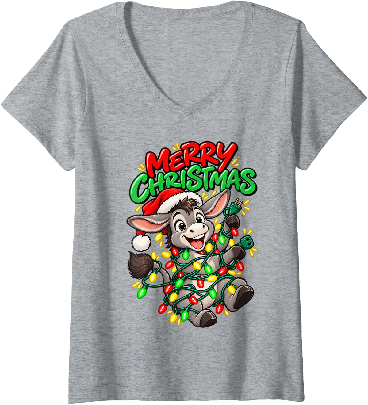 Women's Merry Christmas Happy Donkey Cute Christmas Lights V-Neck T-Shirt - Heather Grey