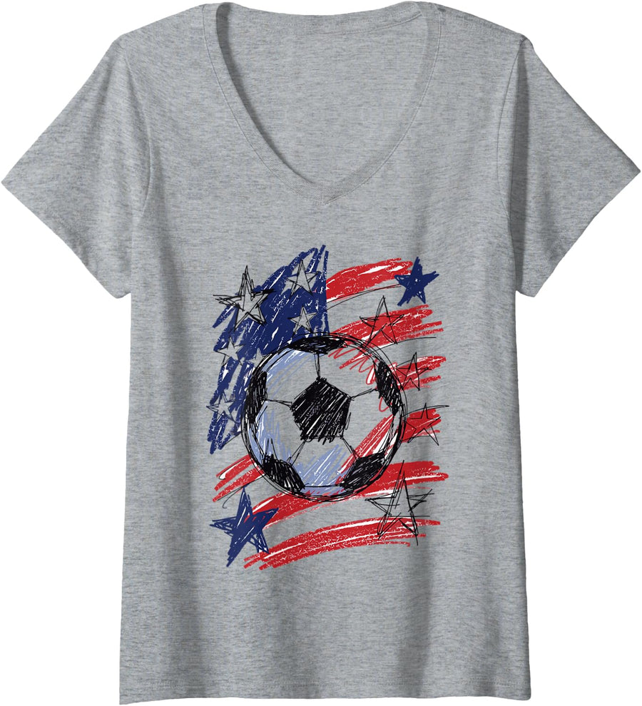 Women's American Flag Soccer Ball Patriotic USA Sports Sketch V-Neck T-Shirt - Heather Grey