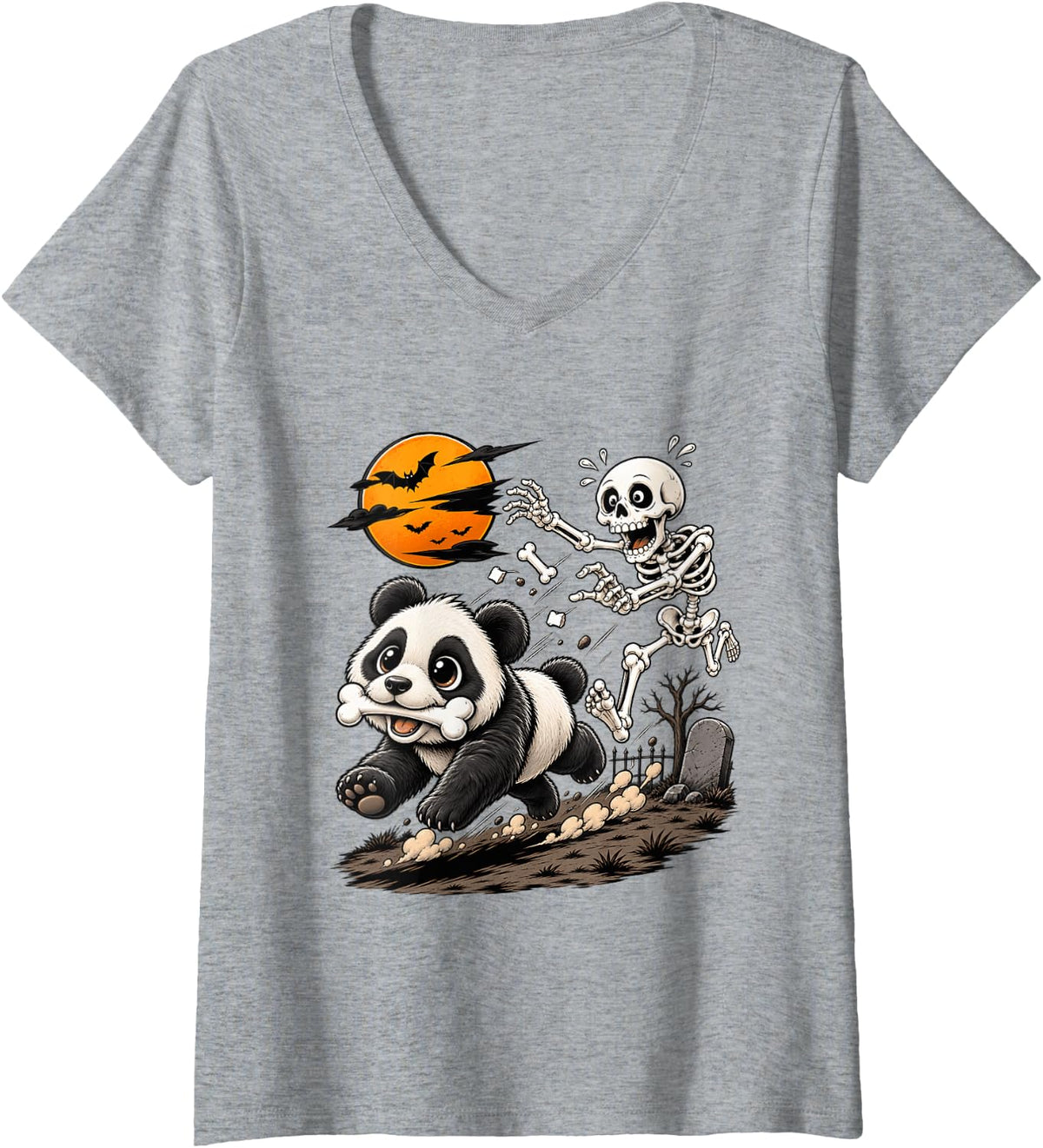 Women's Cute Panda Skeleton Funny Halloween Animal Lovers V-Neck T-Shirt - Heather Grey