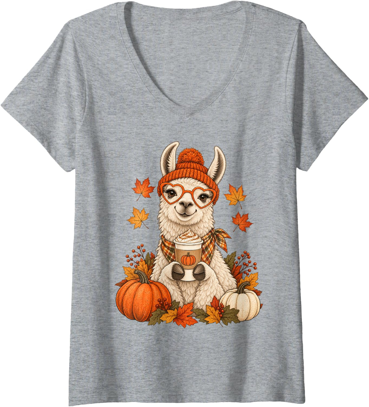 Women's Llama Fall Autumn Season Pumpkin Spice V-Neck T-Shirt - Heather Grey
