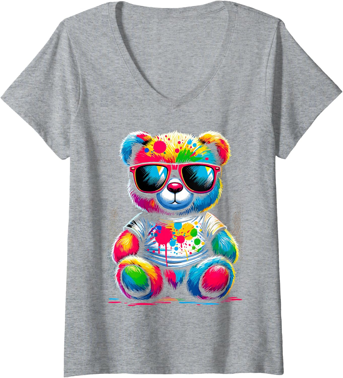 Womens Colorful Teddy Bear with Sunglasses V-Neck T-Shirt - Heather Grey