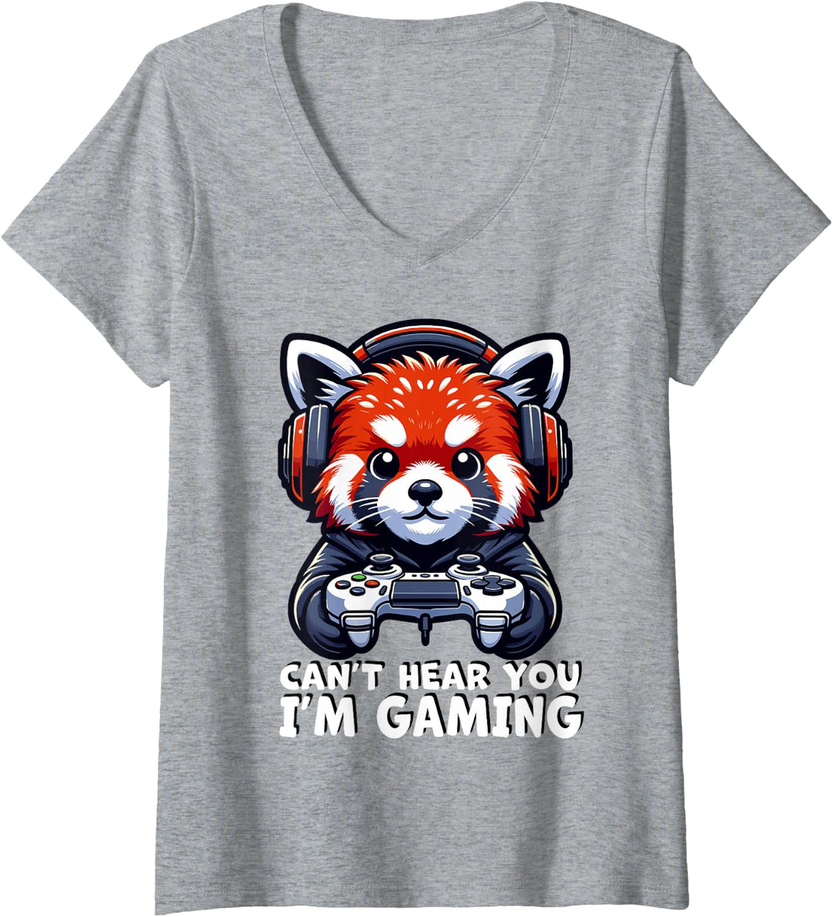 Women's Red Panda Gamer Cant Hear You I'm Gaming Red Panda V-Neck T-Shirt - Heather Grey
