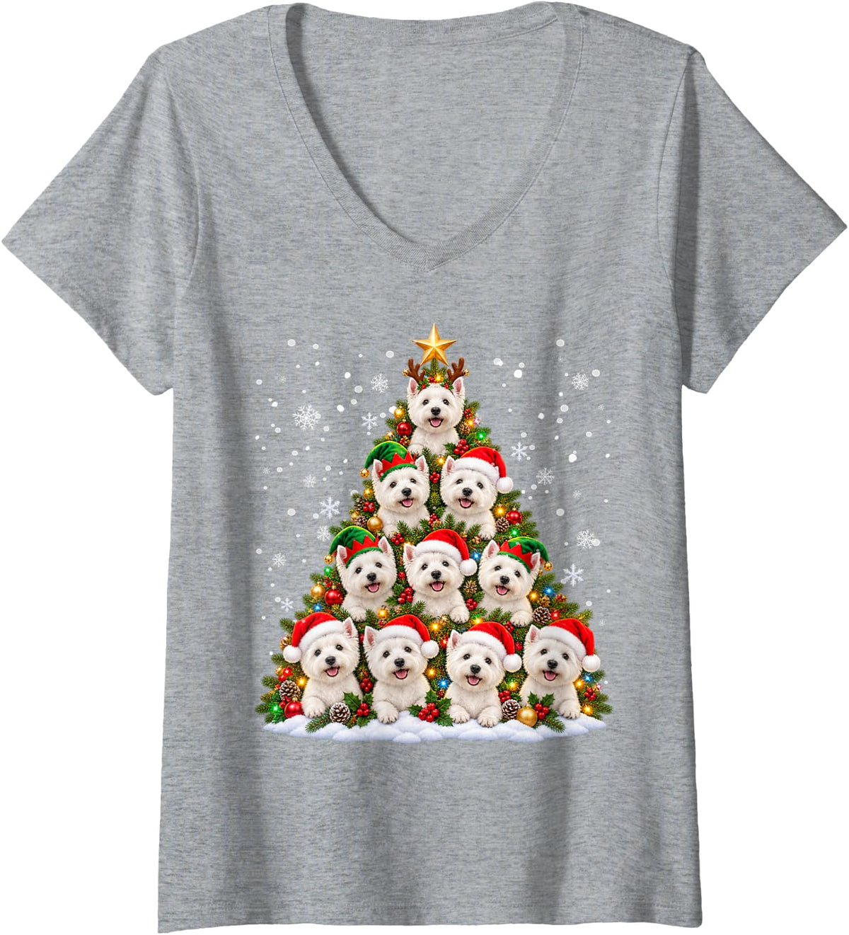 Women's Funny Christmas Tree West Highland White Terrier Family Xmas V-Neck T-Shirt - Heather Grey