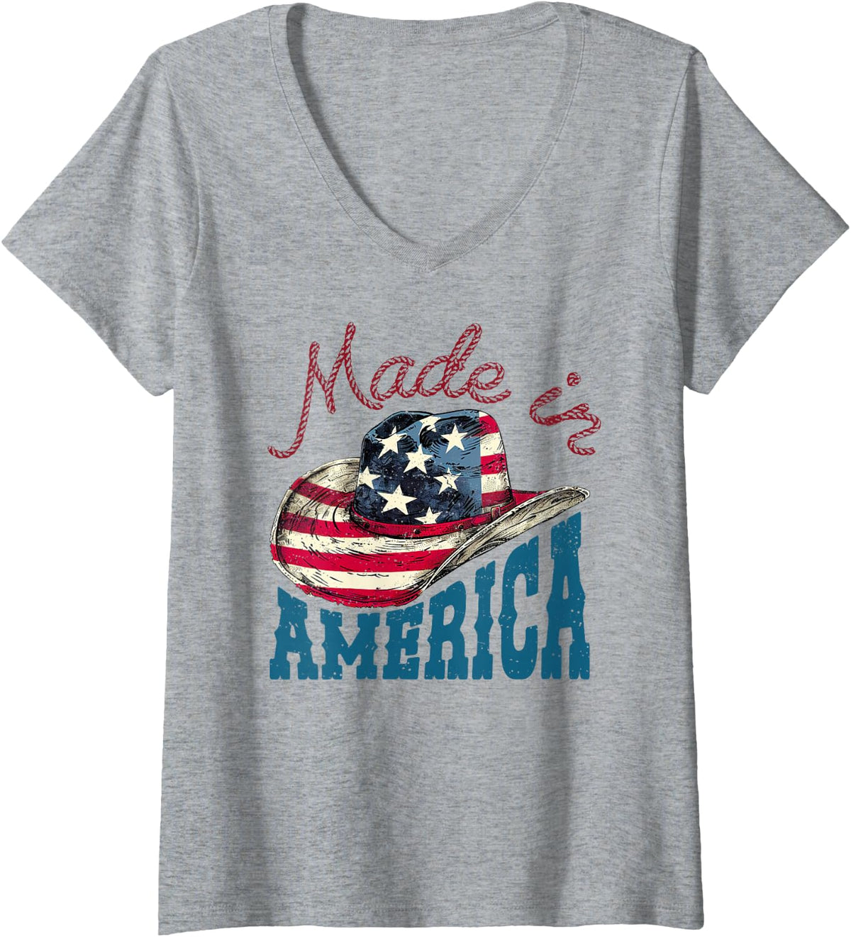 Women's America USA Flag Cowboy Hat 4th of July Patriotic Freedom V-Neck T-Shirt - Heather Grey