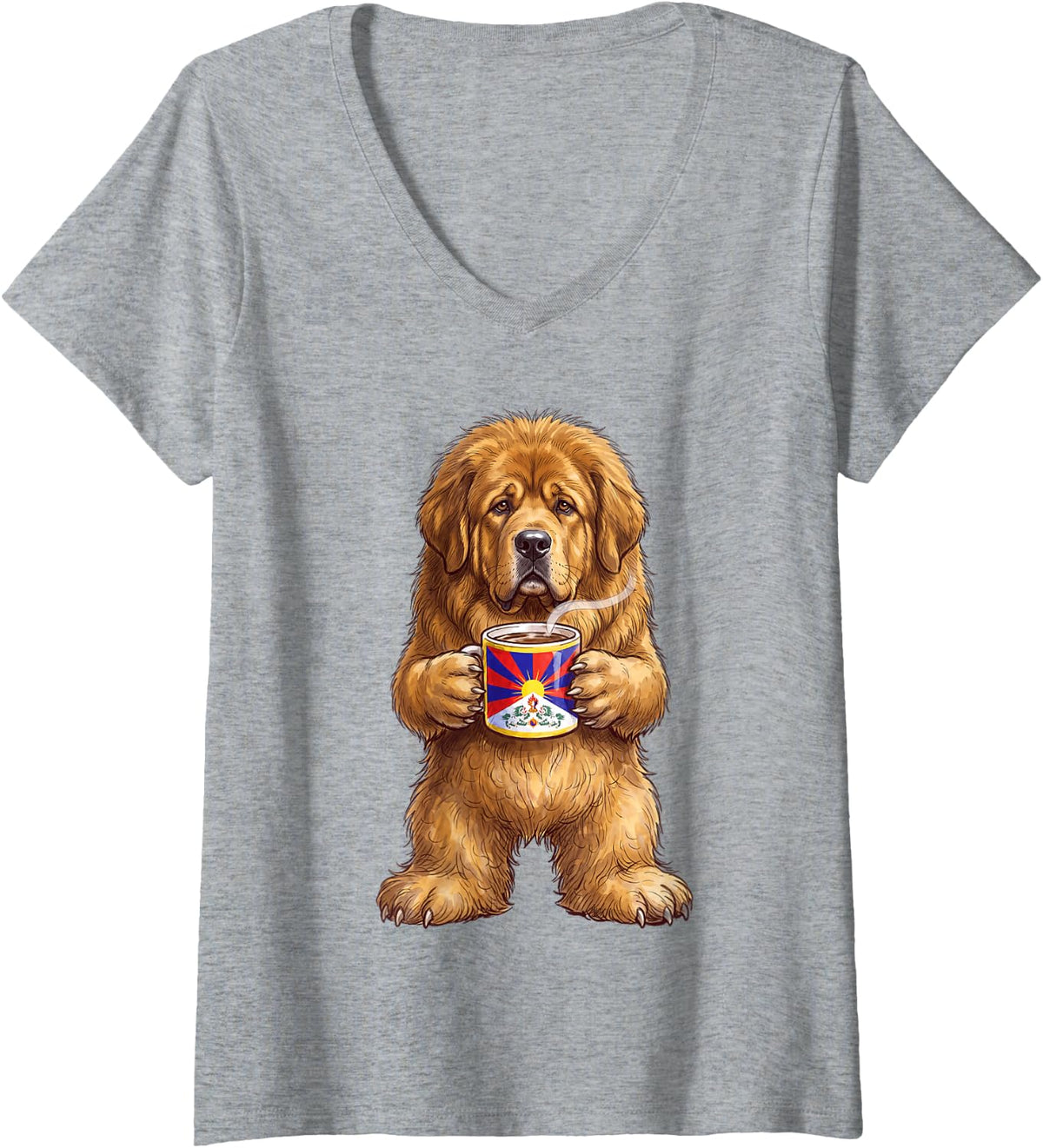Women's Cute Funny Tibet Mastiff Dog with Coffee Mug V-Neck T-Shirt - Heather Grey