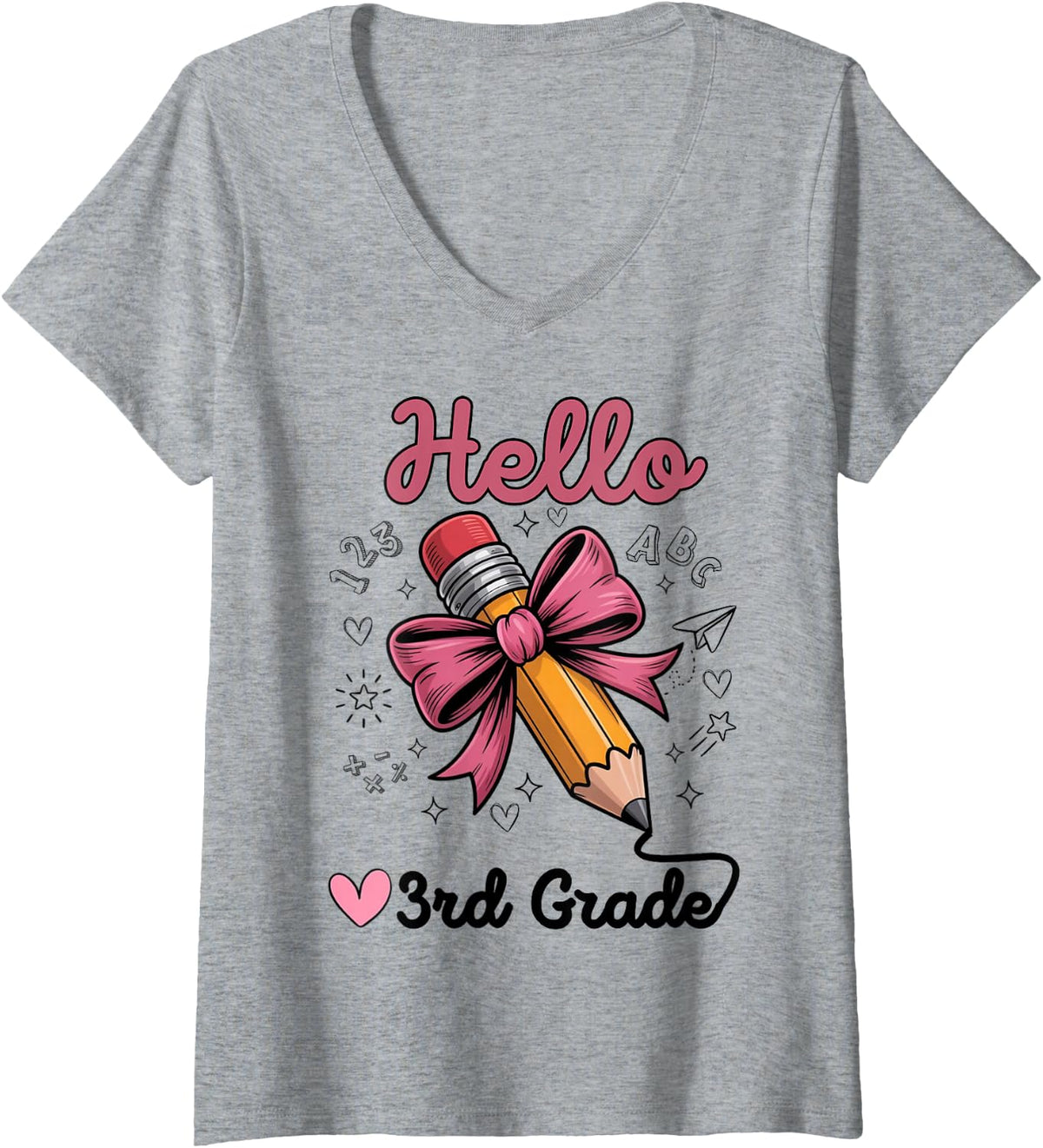 Women's Hello 3rd Grade Shirt Back to School Pencil Bow Girls Boys V-Neck T-Shirt - Heather Grey