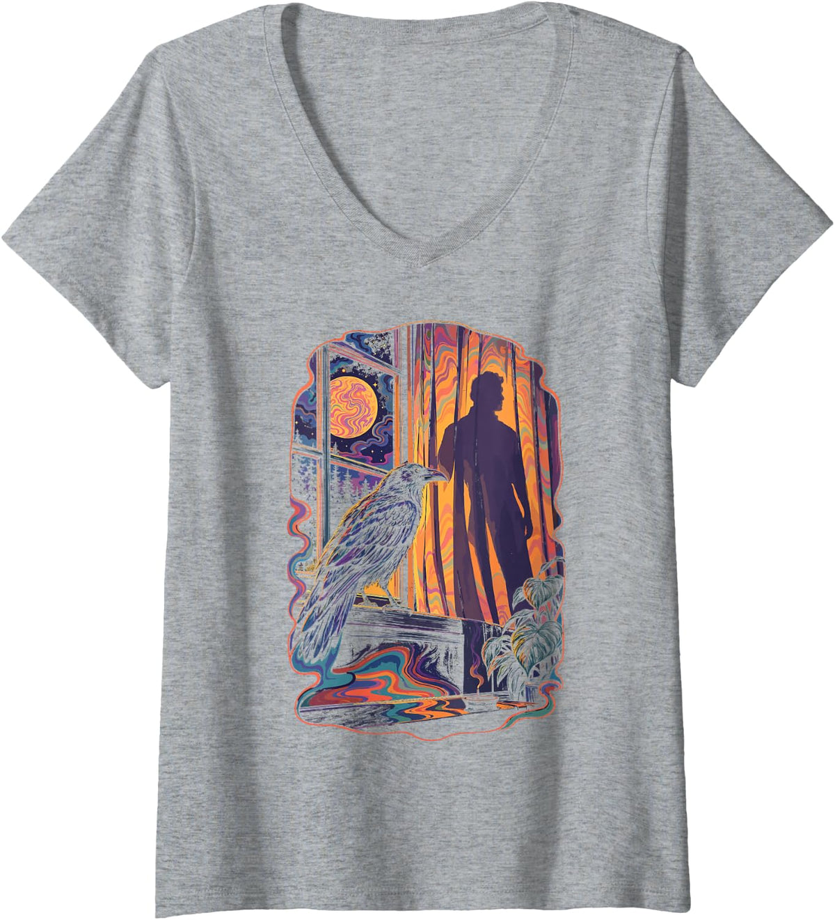 Women's Gothic Raven Lovers Gothic Horror Halloween Curtain Shadow V-Neck T-Shirt - Heather Grey