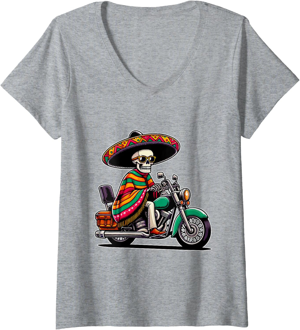 Womens Motorcycle Skeleton Biker Mexican Sombrero Cinco De Mayo V-Neck T-Shirt - Heather Grey