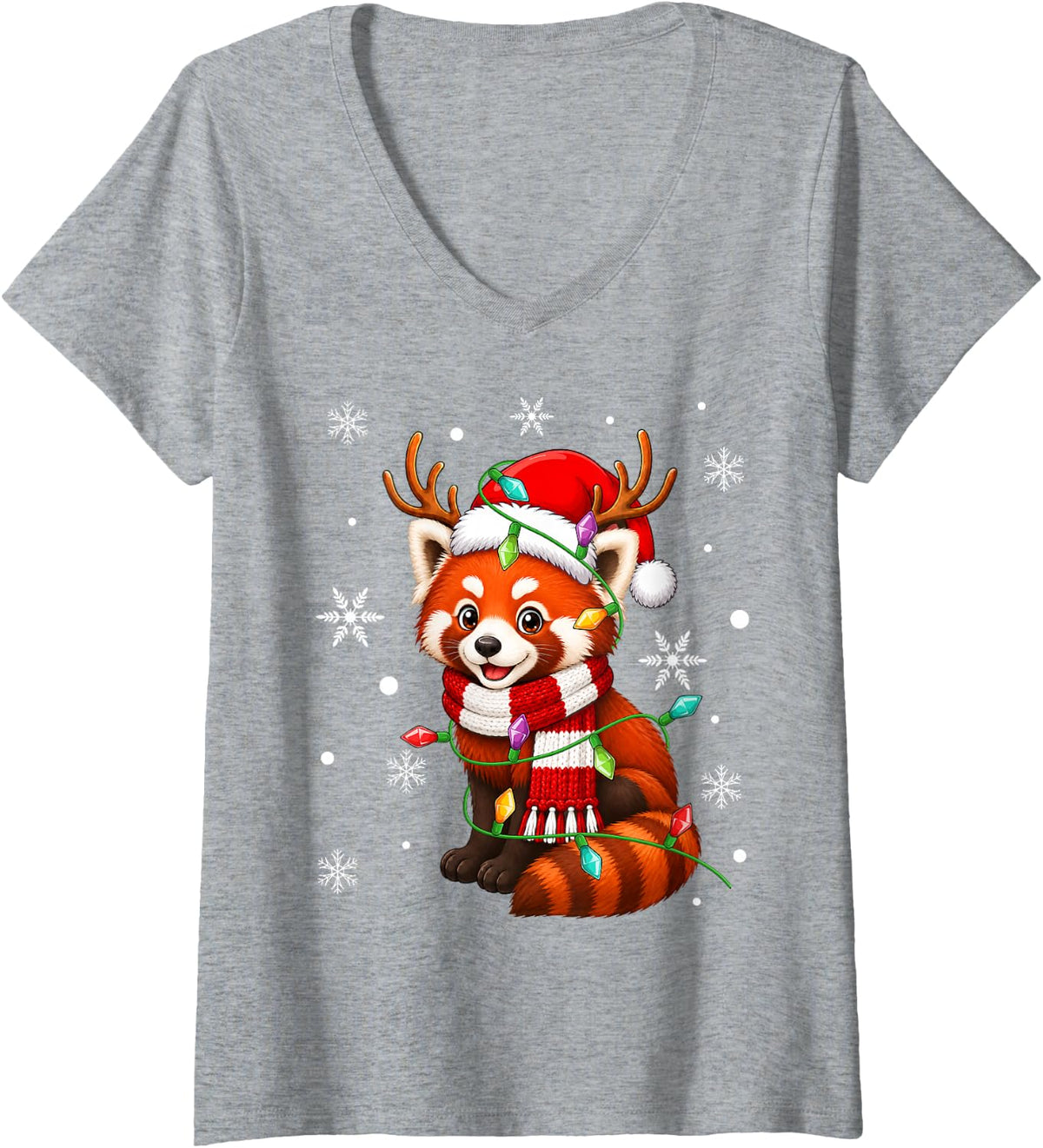 Women's Red Panda Christmas Lights Santa Hat Scarf Festive Xmas V-Neck T-Shirt - Heather Grey
