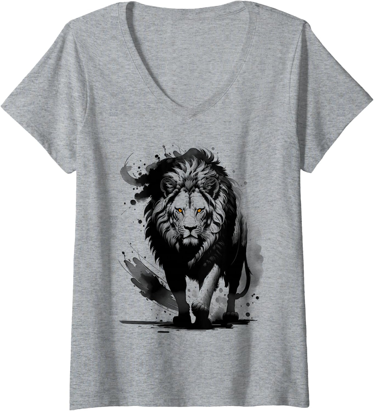 Women's Stylish and Fashionable Lion Artistic Design V-Neck T-Shirt - Heather Grey