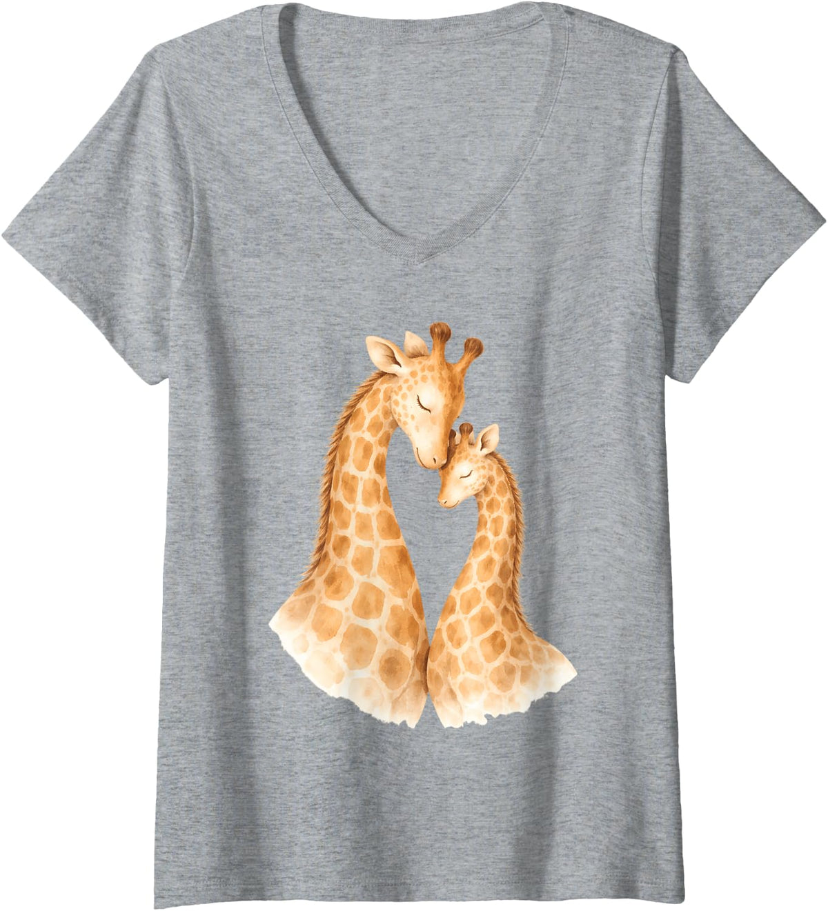 Women's Watercolor Giraffe Mother Child Heart Bond V-Neck T-Shirt - Heather Grey