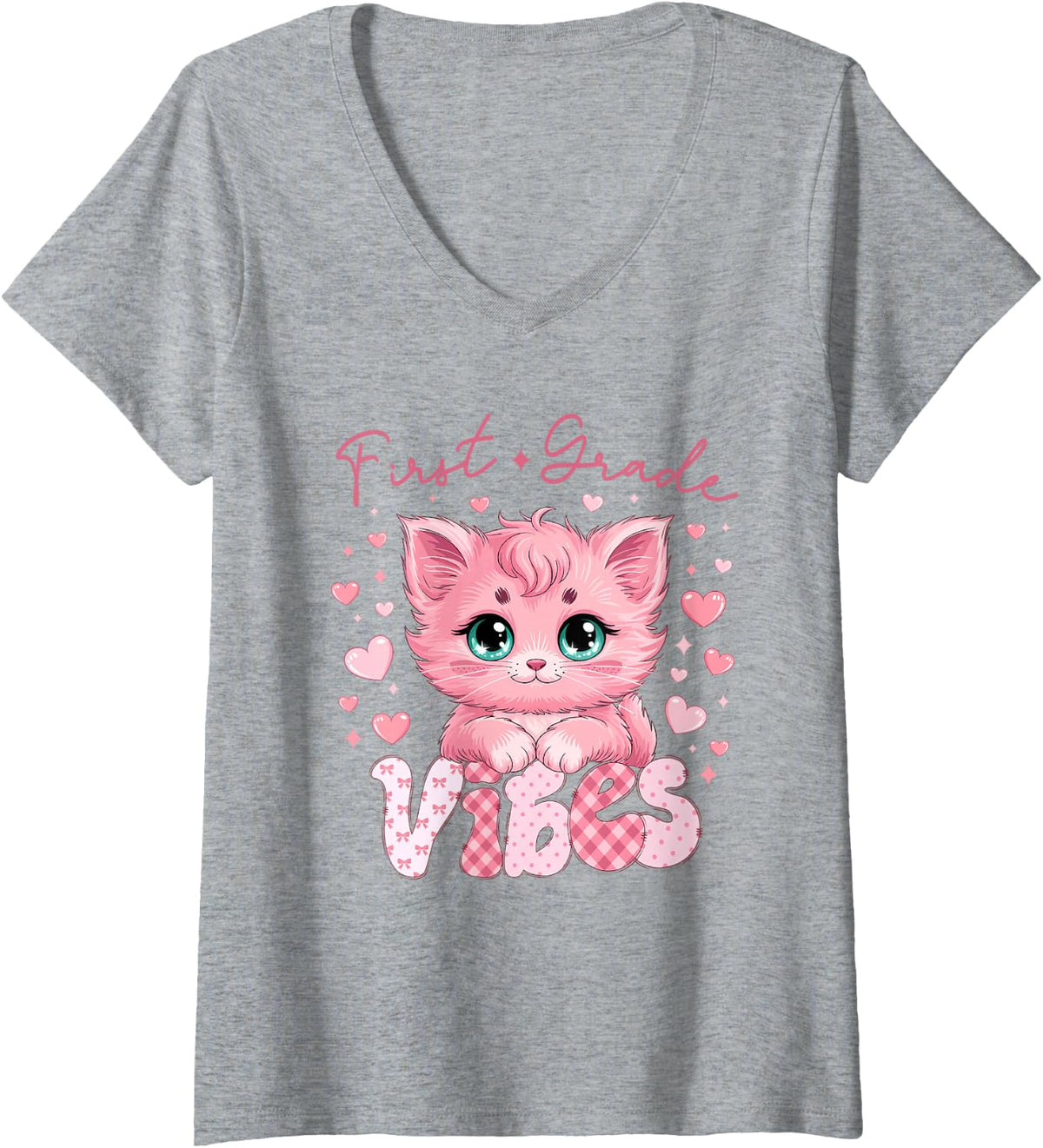 Women's First Grade Vibes Cute Cat Back to School Teacher Girl Kids V-Neck T-Shirt - Heather Grey